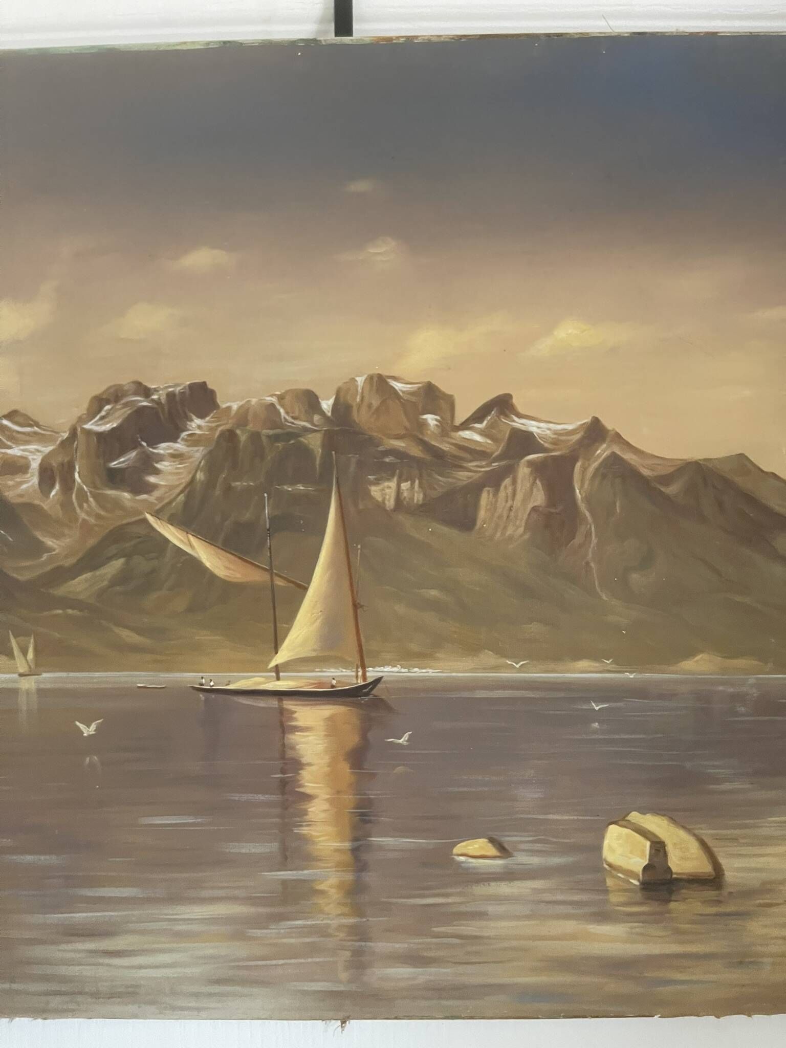 Oil Painting Canvas Landscape Mountain Lake Switzerland Signed Veillon