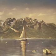 Oil Painting Canvas Landscape Mountain Lake Switzerland Signed Veillon