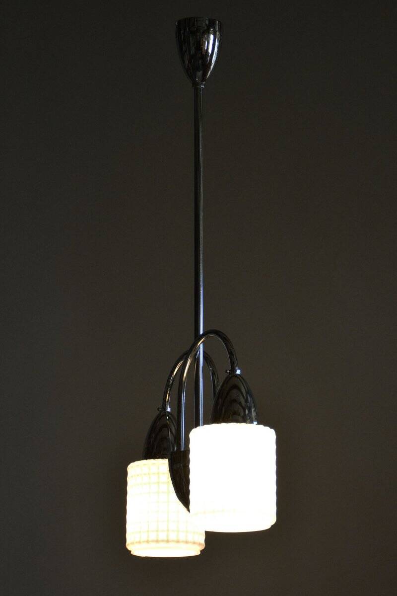 Mid-Century Chandelier in Chrome, Steel and Opaline Glass, Czech, 1960s