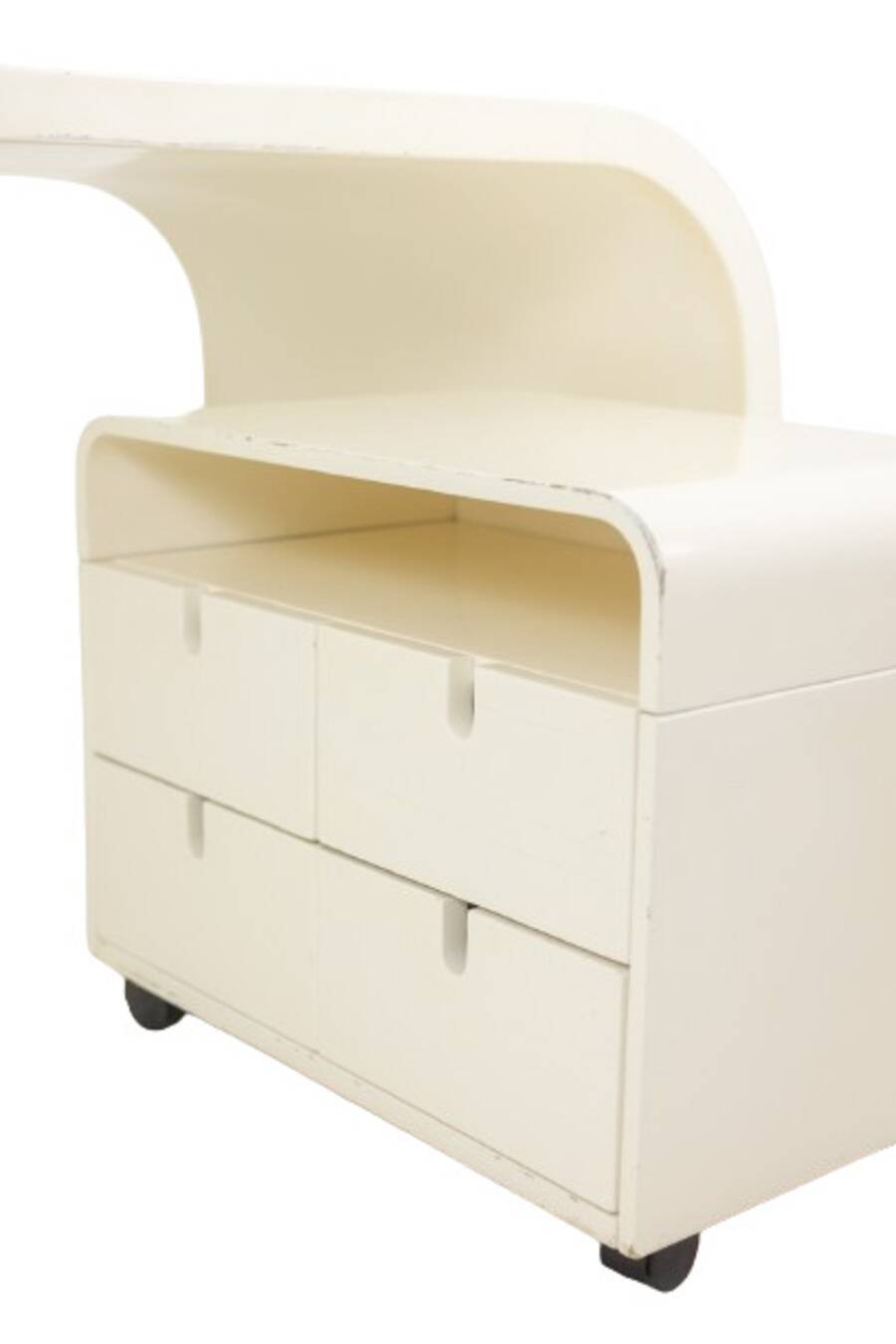 Desk and its cardboard box in white lacquered plywood. 1970s.