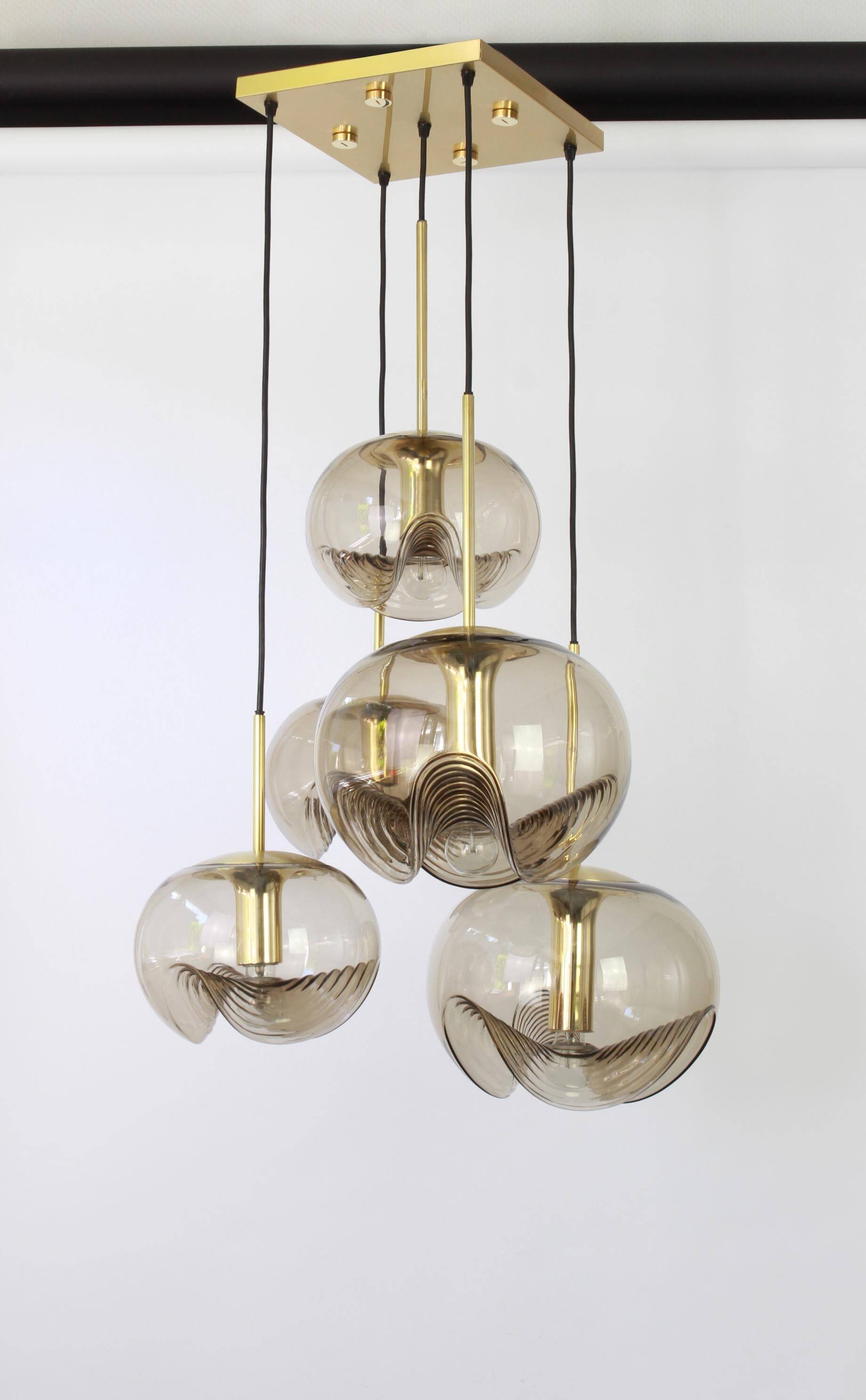 Grand cascading chandelier in smoked glass by Peill & Putzler, Germany, 1970s.