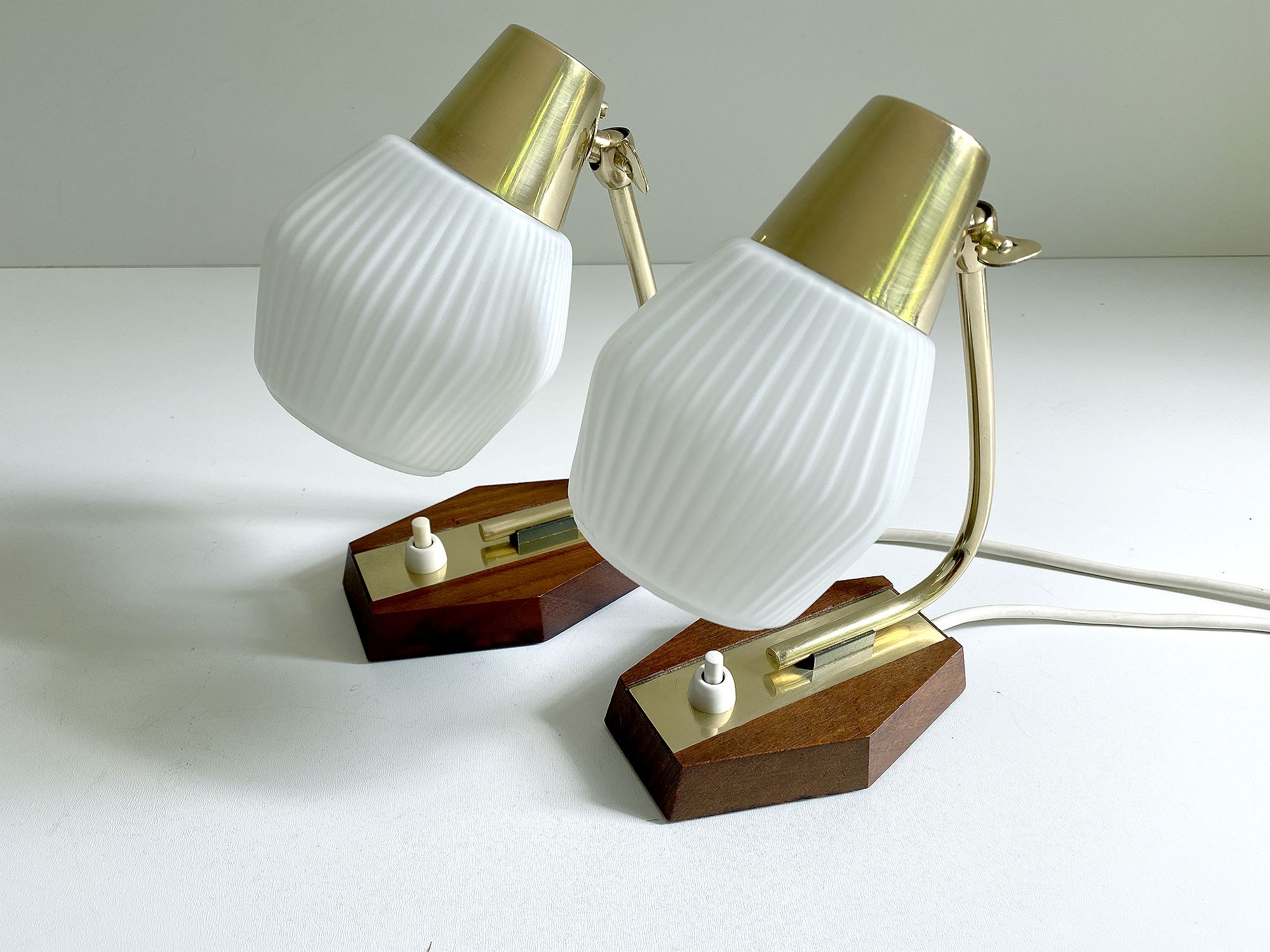 Pair of Scandinavian vintage table or bedside lamps, teak and glass, 60s