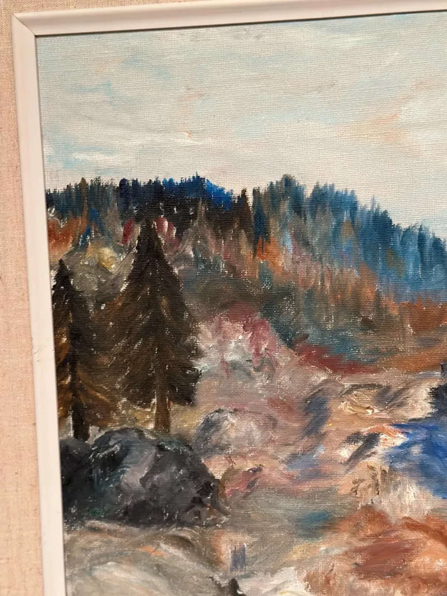 Original Swedish Oil on Canvas – “Landscape with River and Forest” by Kaj – Signed – Vintage & Framed – 60 × 52 cm (23.6" × 20.5")