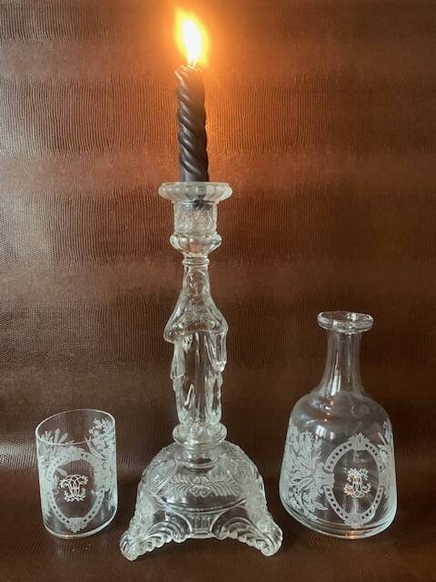 Large religious candlestick in old crystal, Virgin Mary, 1910