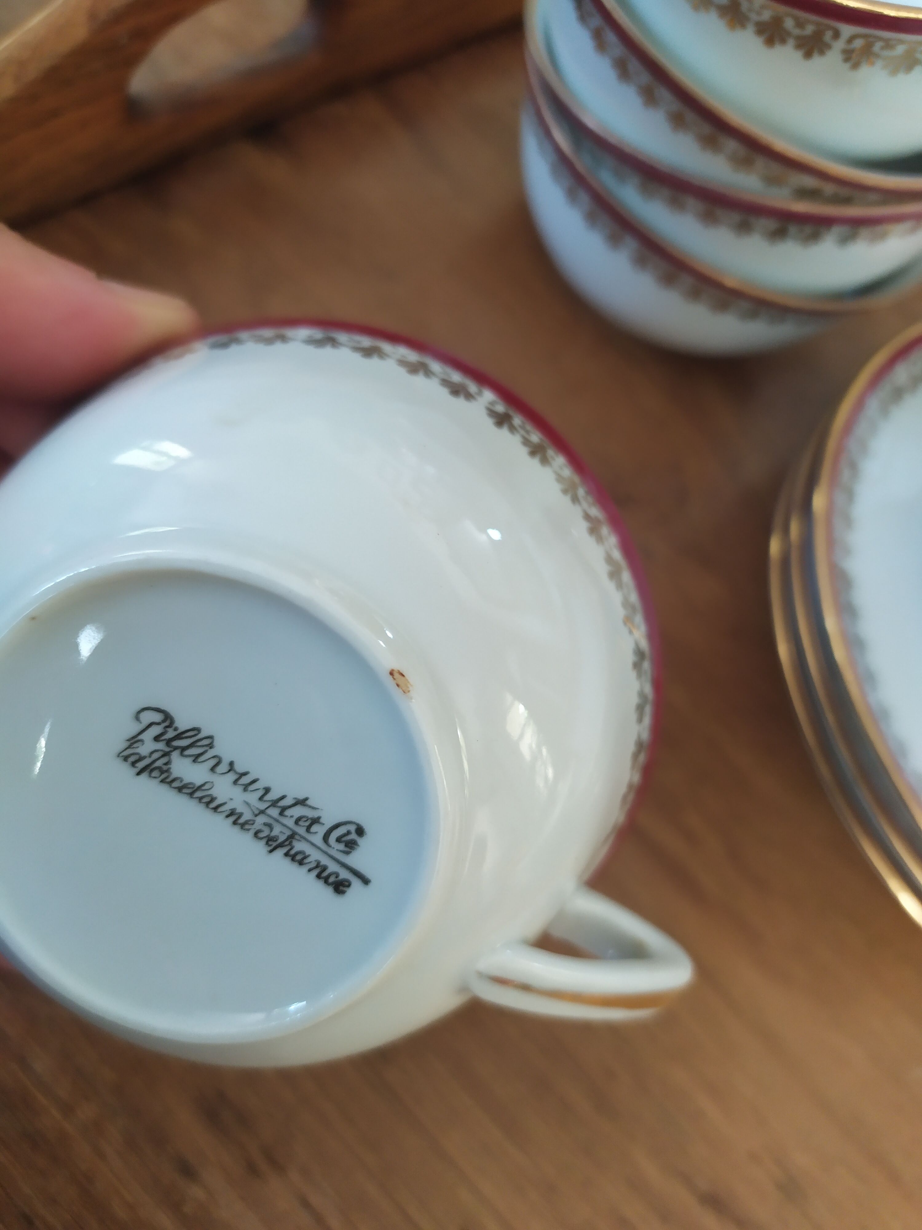 6 Pillivuyt pink and gold porcelain coffee cups