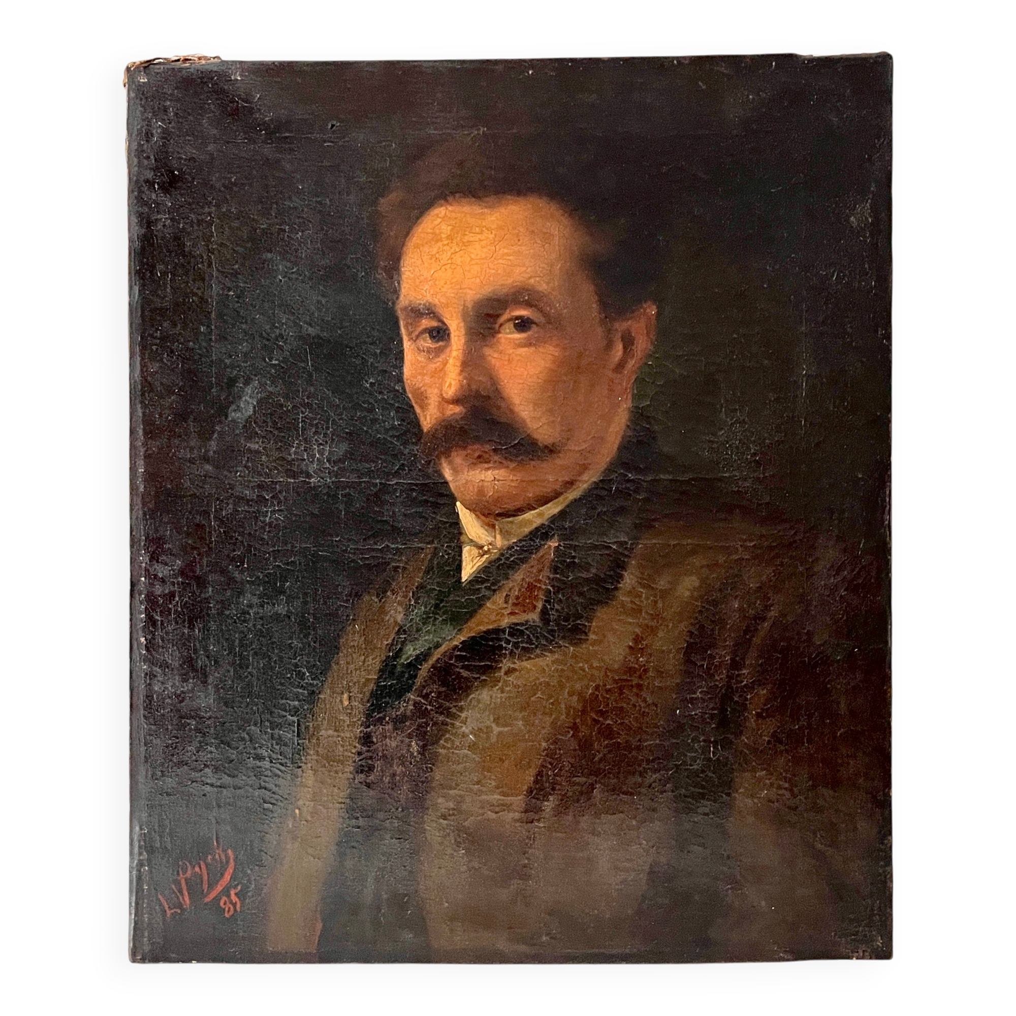 Portrait of a man in oil on canvas from the 19th century, an old painting dated 1885.