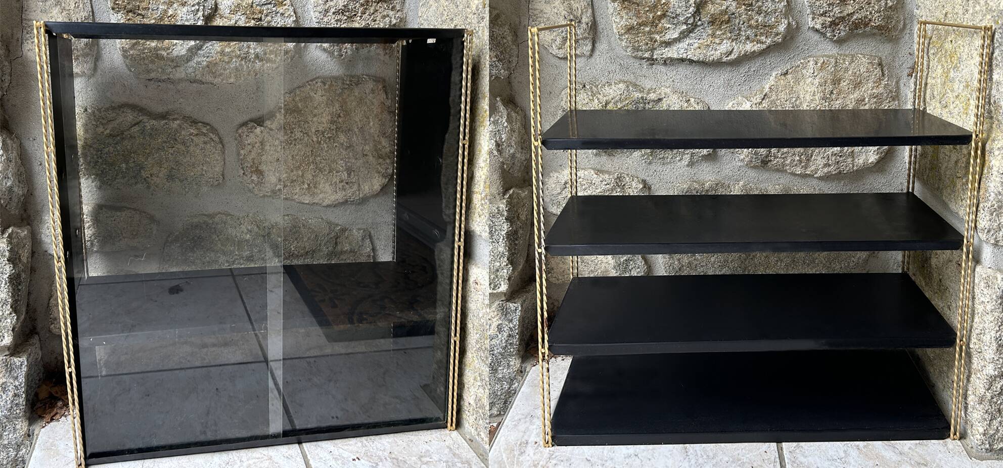 Double gold metal string shelves and black trays, vintage, 60s