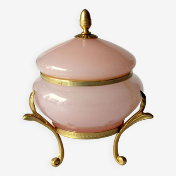 Antique onyx pill box, pink jewelry box with brass frame and feet, comes direct from the 1930s