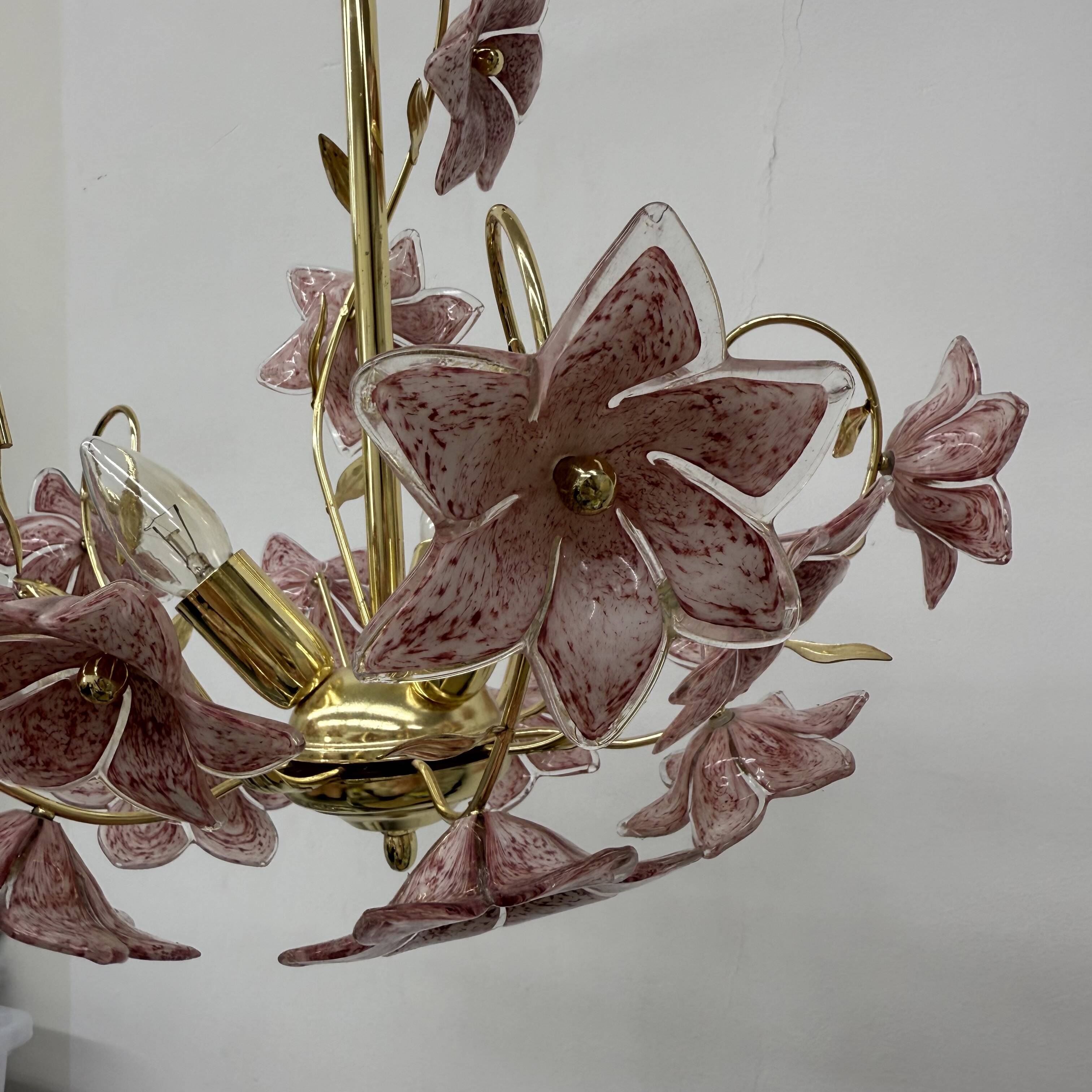 Chandelier with mourn glass pink flowers , 1970s