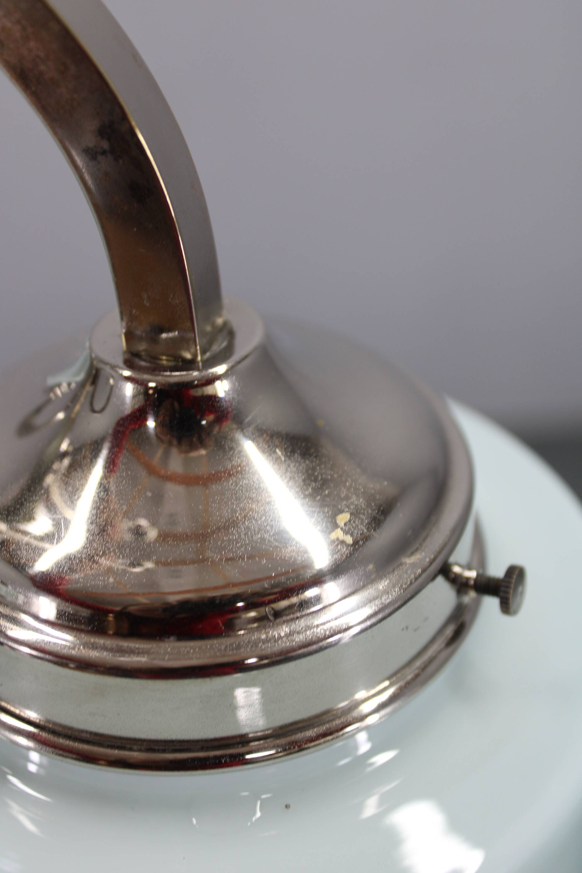 Art Deco nickel chandelier with cylindrical light opaline shades, Czechoslovakia