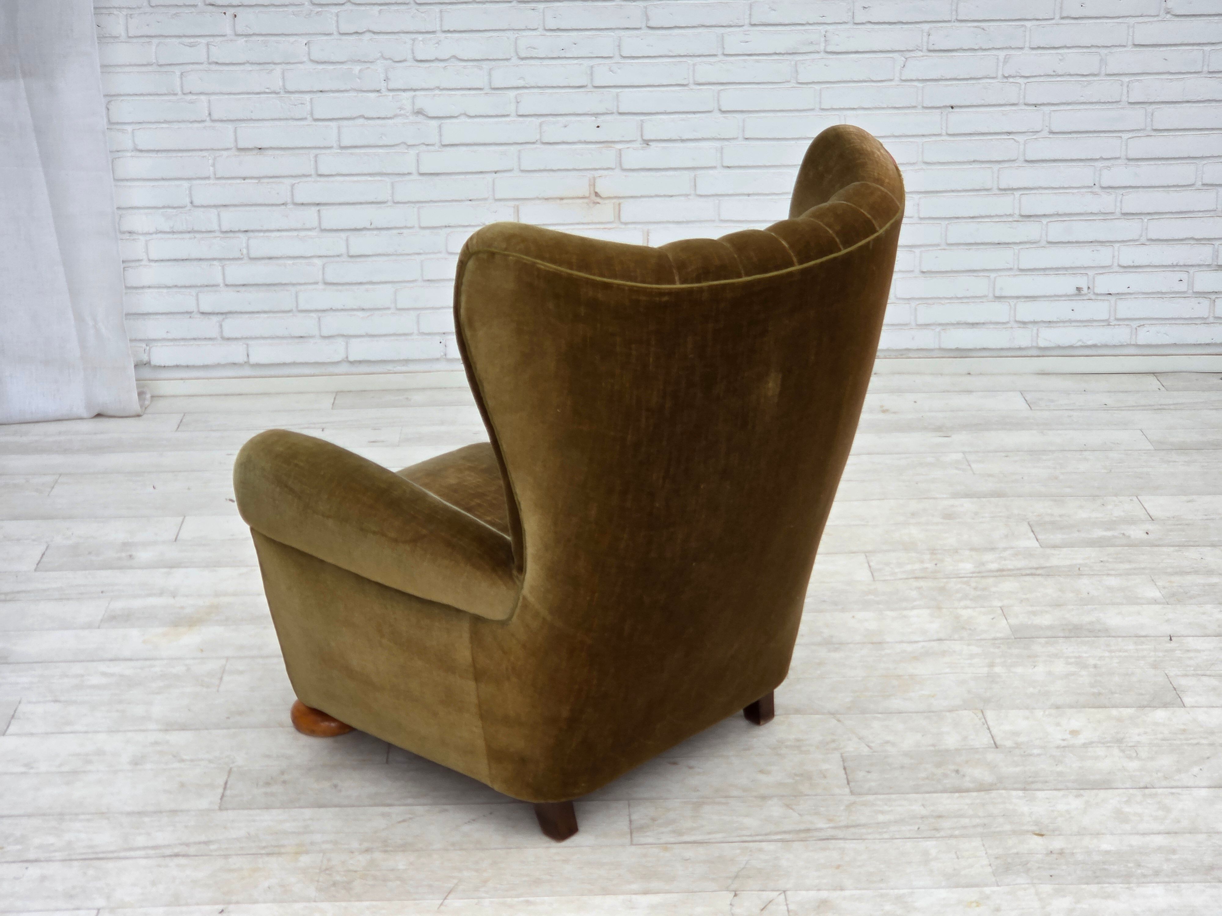 1960s, Danish highback relax armchair, green furniture velour.