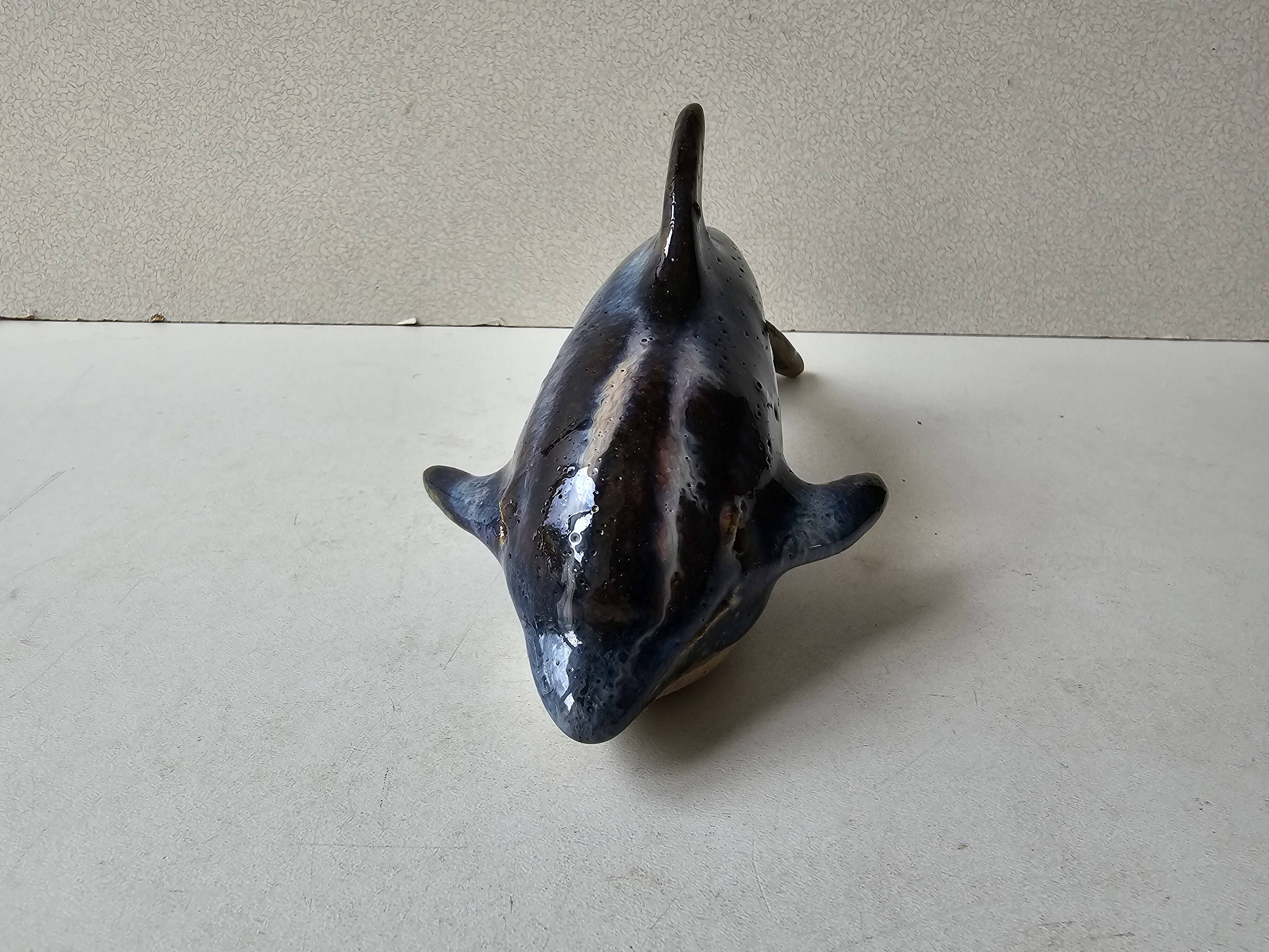 Signed blue ceramic dolphin sculpture (Signature to be identified)