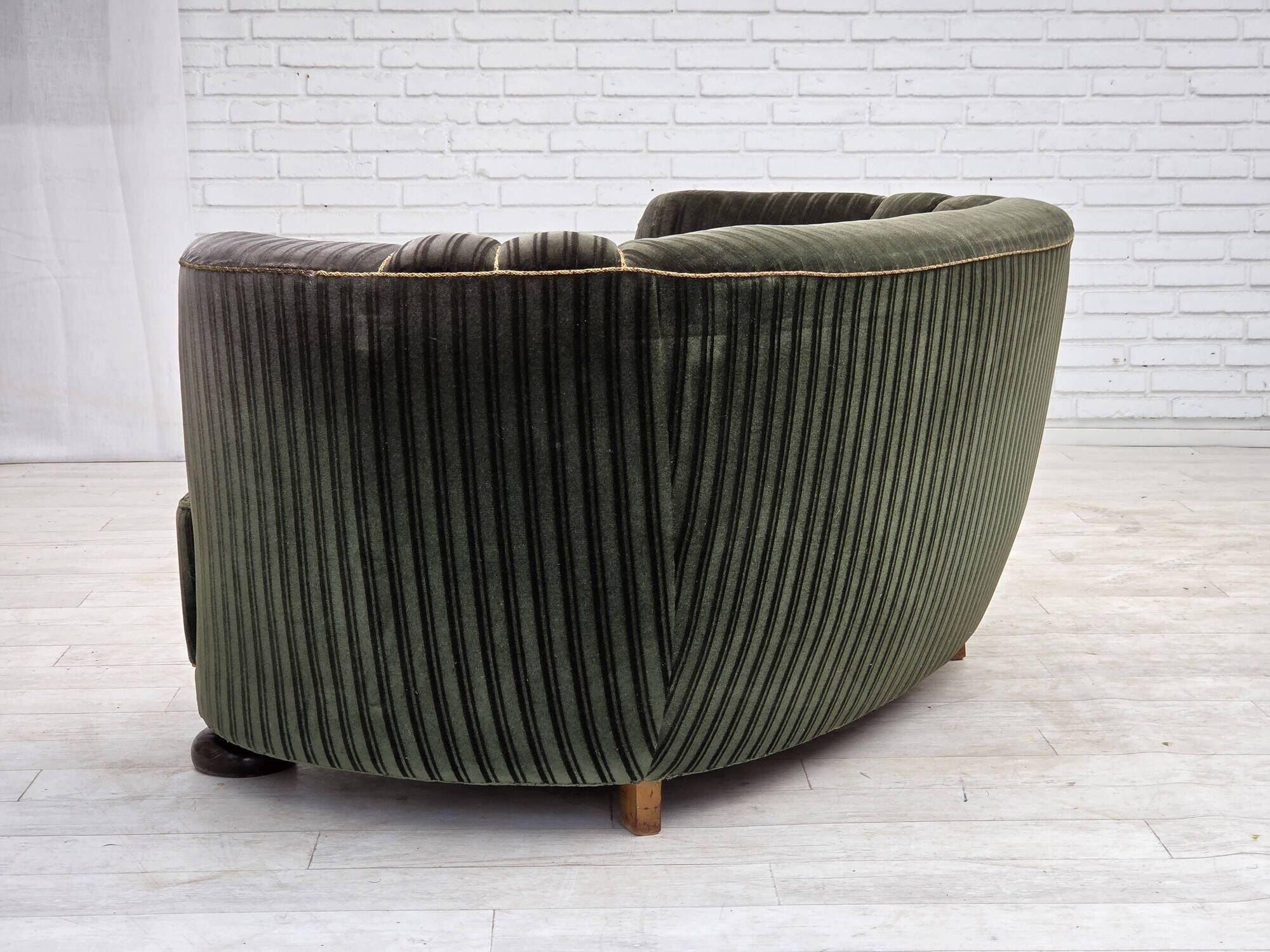 1960s, Danish 2-seater curved sofa, furniture velour, oak wood.