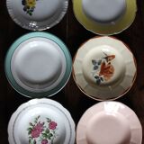 6 mismatched deep plates in floral colours from Digoin, Sarreguemines, Gien.
