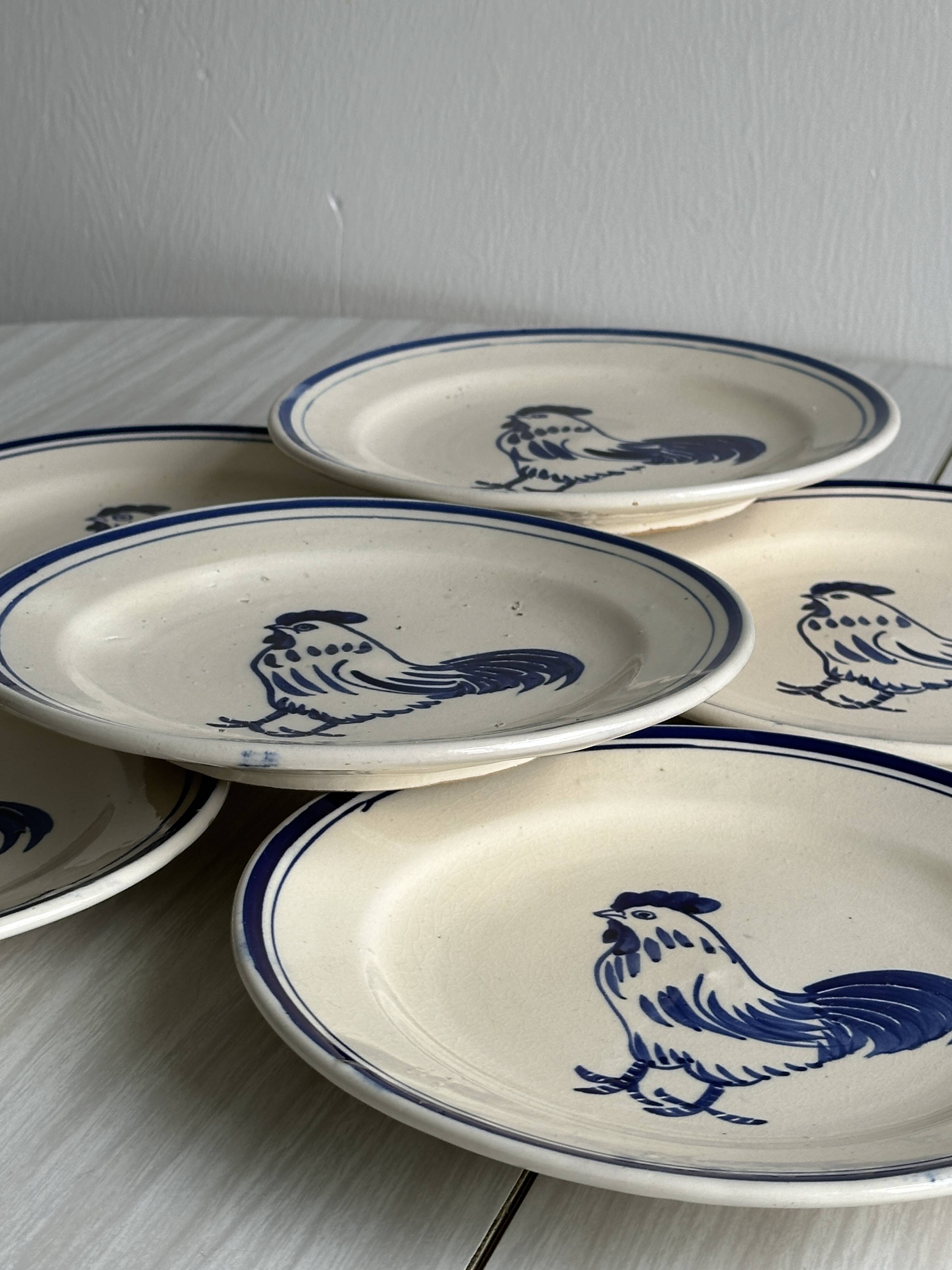 Set of 6 hand painted plates with rooster motif