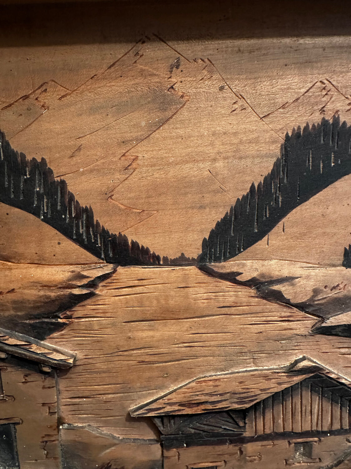 Tableau Alpin vintage années 50 - Sculpté et Pyrogravé - Ambiance Chal
