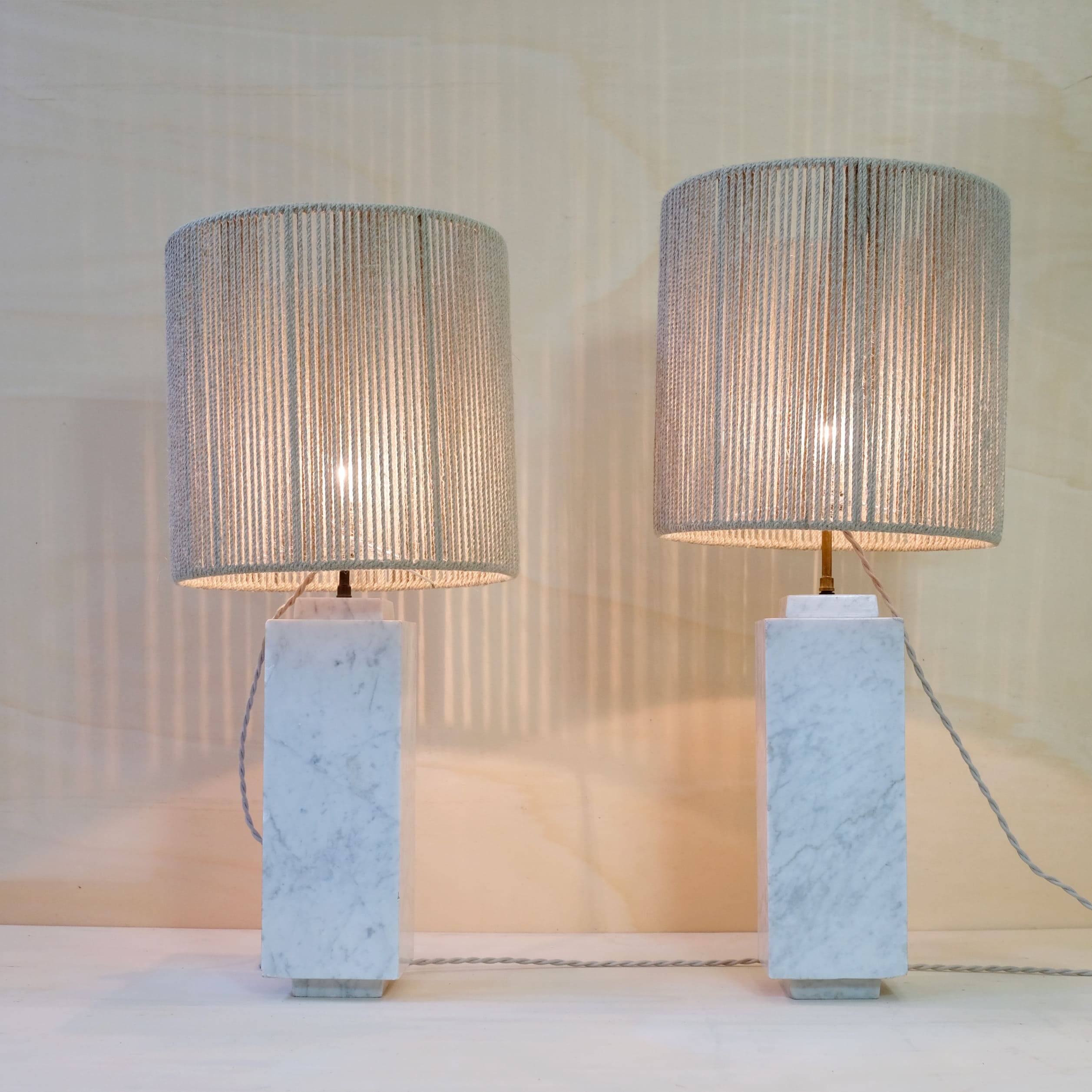 Pair of marble lamps from the 60s and their rope lampshades.