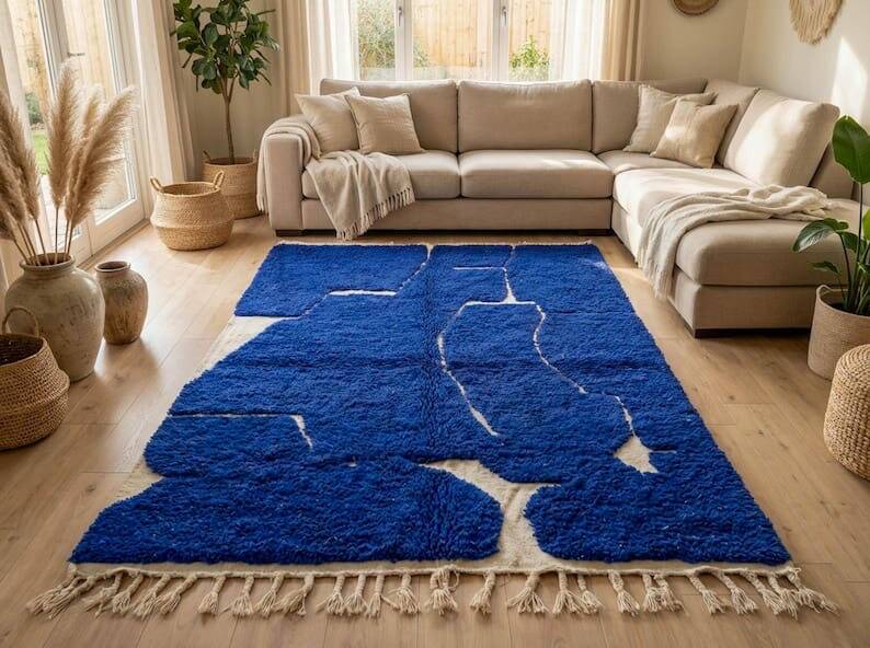 Handmade pure wool rug with blue patterns, 150/250 cm.