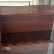 Vintage 1960s wooden library with sliding doors.
