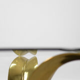 Vintage Glamour Hollywood Regency Glass & Brass Palm Leaf Cocktail Coffee Table, 1970s