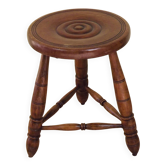 French Vintage Hand Made Wood Milking Stool 3 Spindle Legs Bullseye Seat