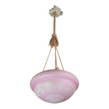 Italian Midcentury Pink Art Decò Vintage Glass Chandelier with decorations, 1950