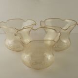 Set of 3 Vintage Glass Bell Shades In Smoked Amber Glass Scroll Motif  5596