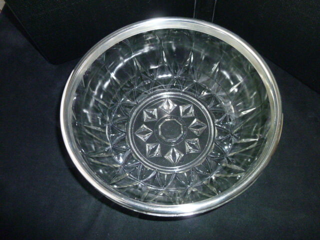 Salad bowl or fruit cup made of molded pressed glass and silver metal