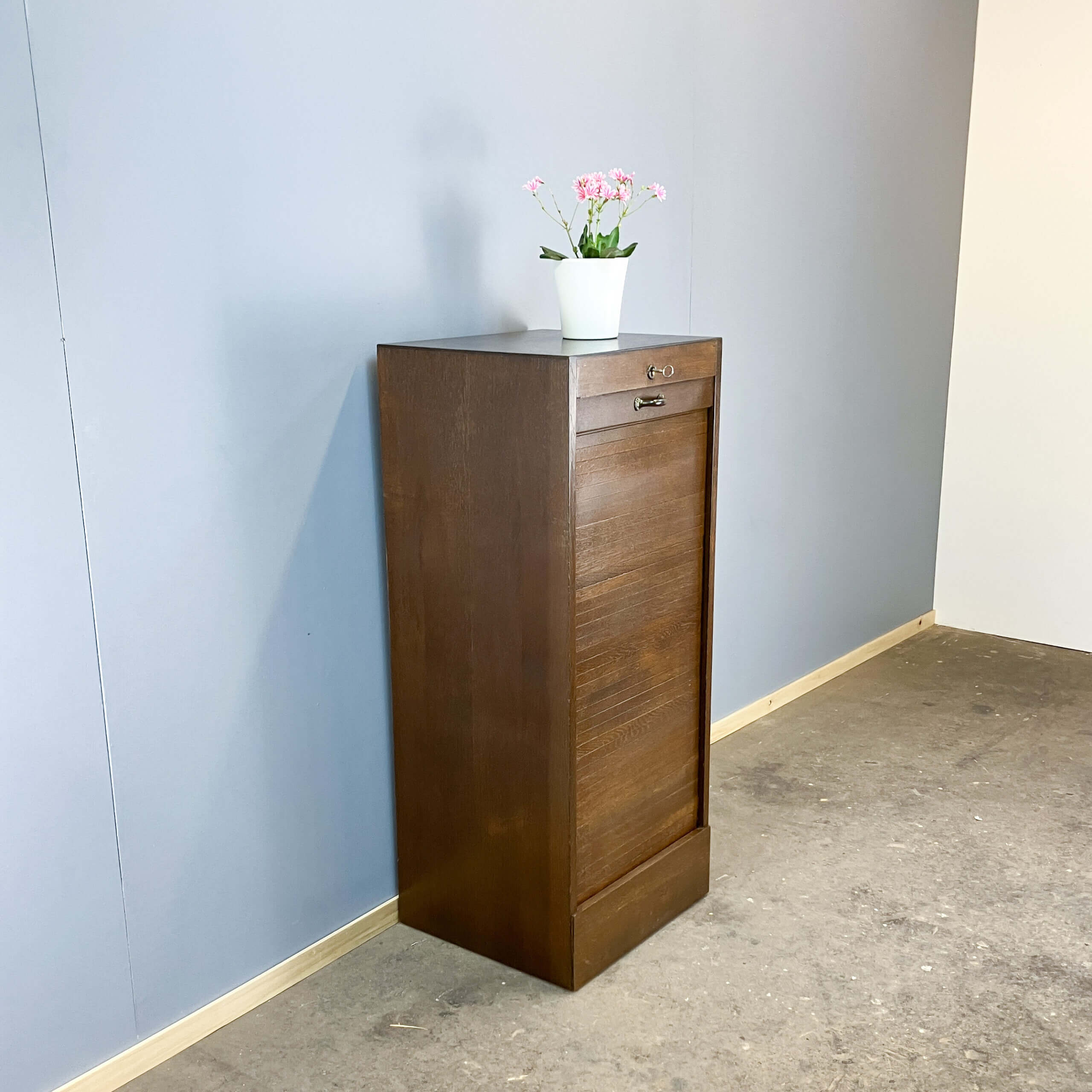 Roller shutter cabinet, dark oak, 1950s