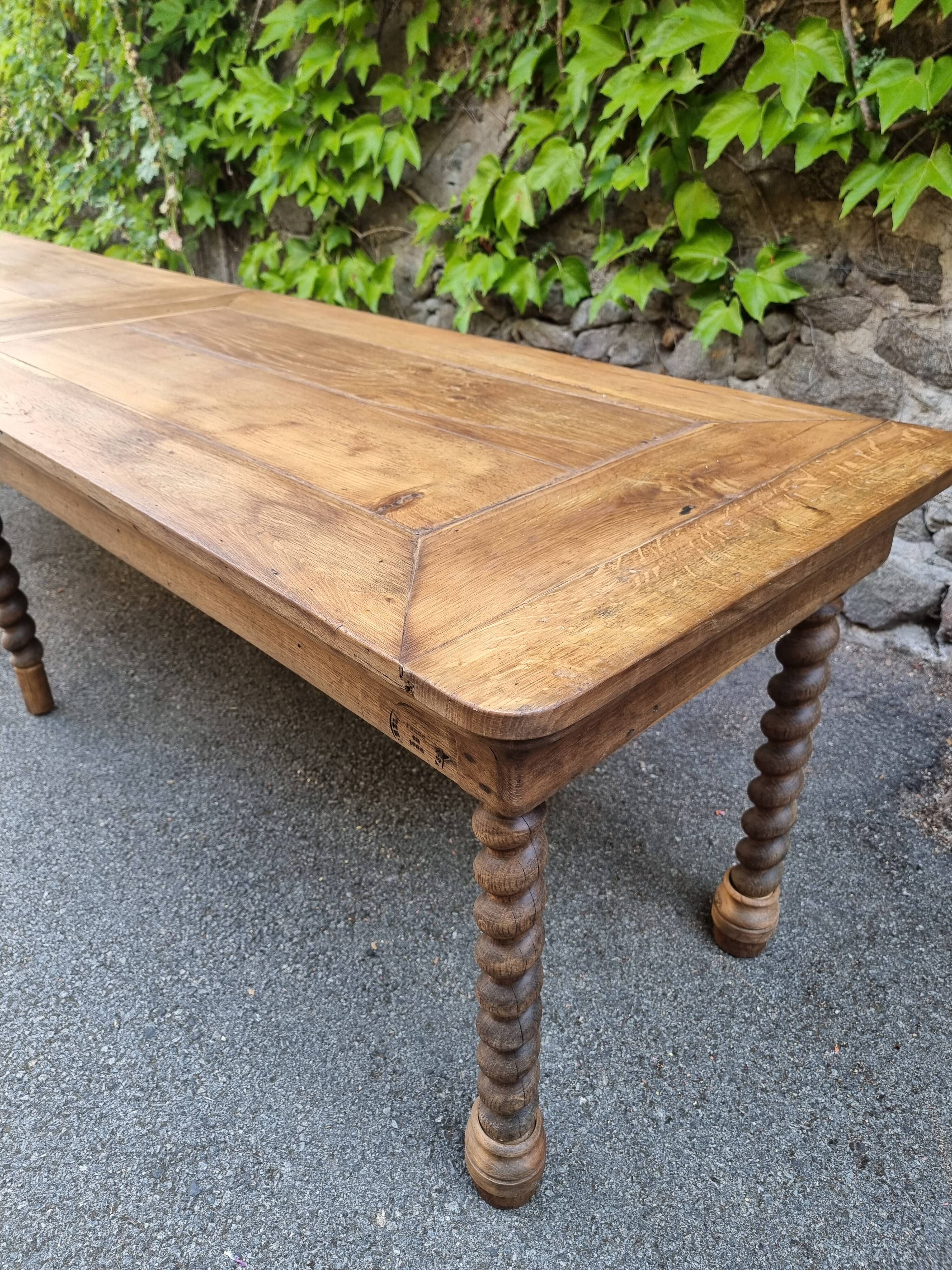 Antique French draper's table in oak, shop counter, work table, 6 feet, circa 1750–1850.