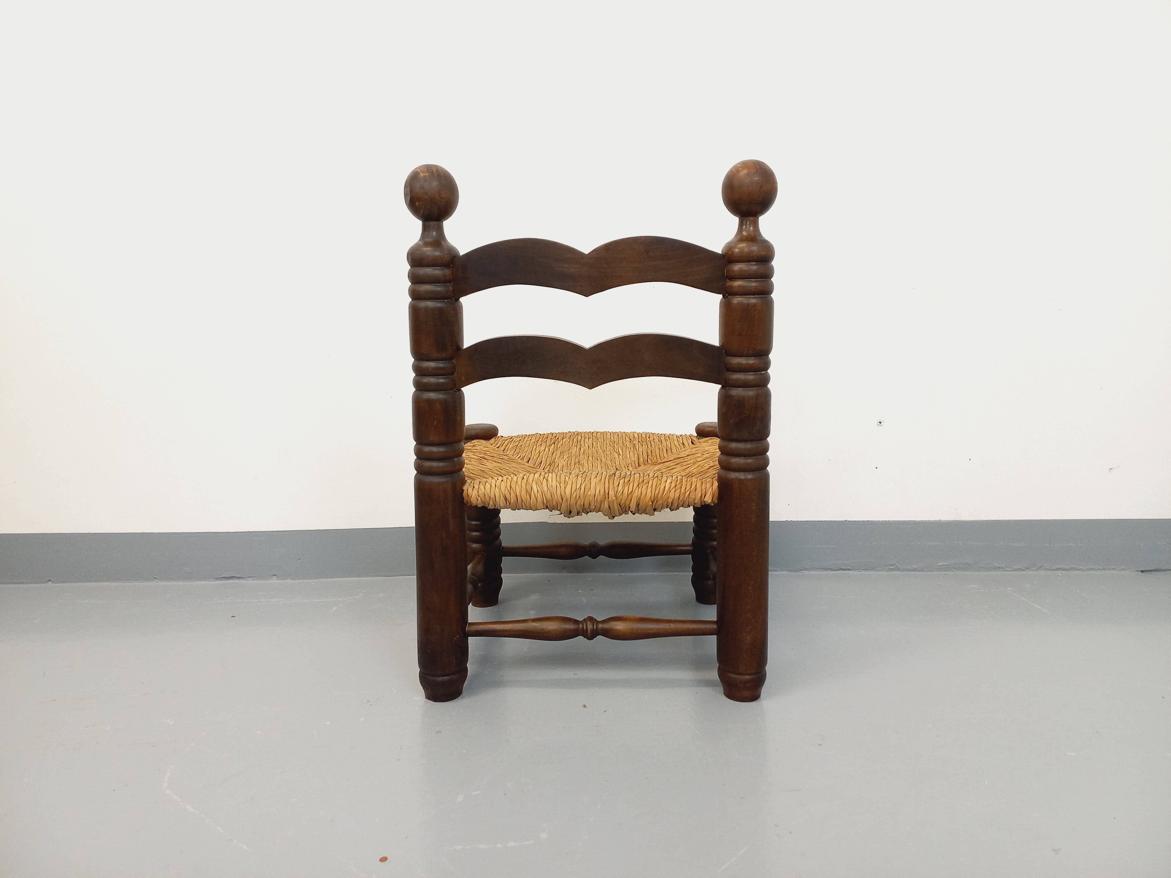 Vintage Charles Dudouyt Brutalist Low Chair in Wood and Straw, 1940s