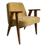 Fauteuil moderne du milieu du siècle restauré en tissu velours jaune et cadre en bois clair