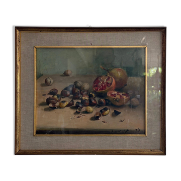 Nature morte aux grenades et aux noix Peinture à l'huile sur toile signée, 1967, Italie