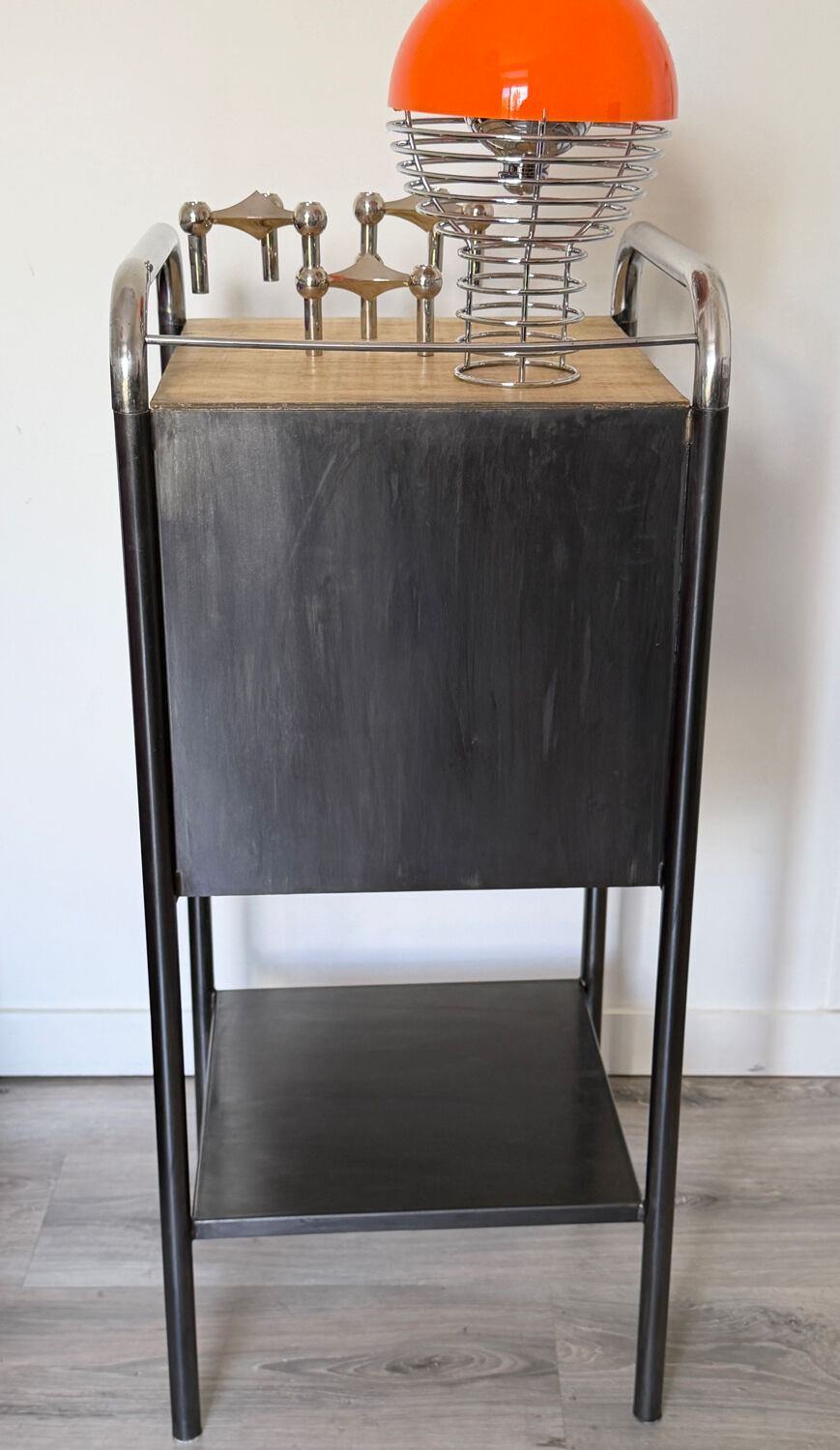 Vintage bedside table in brushed metal