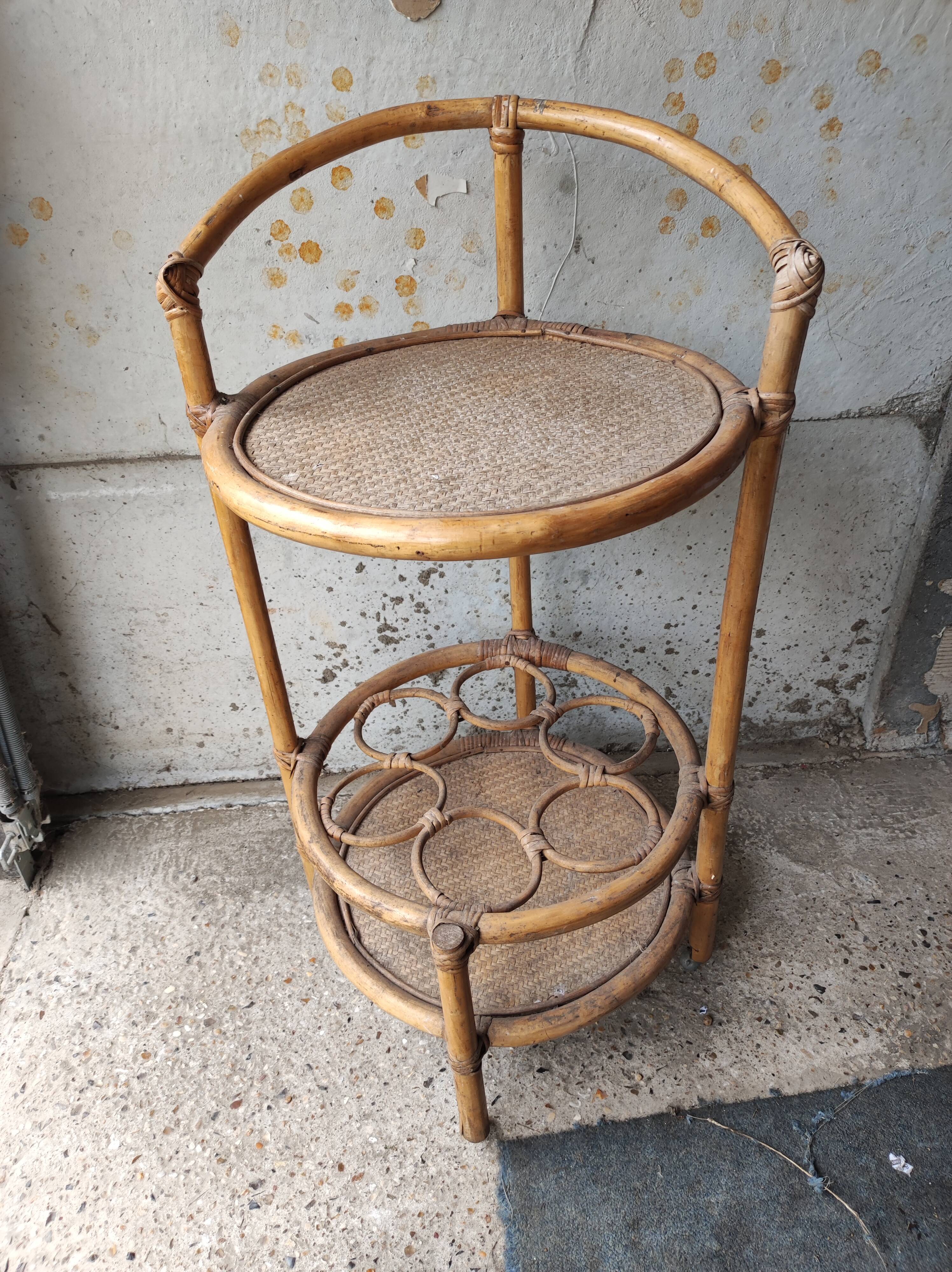 table Trolley service bar bottle rack vintage rattan bamboo