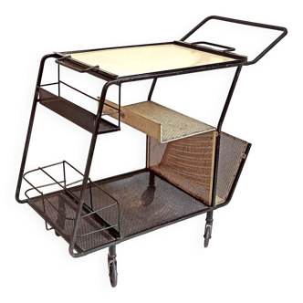 Mathieu Mategot style rolling trolley black and yellow perforated sheet metal 1950s