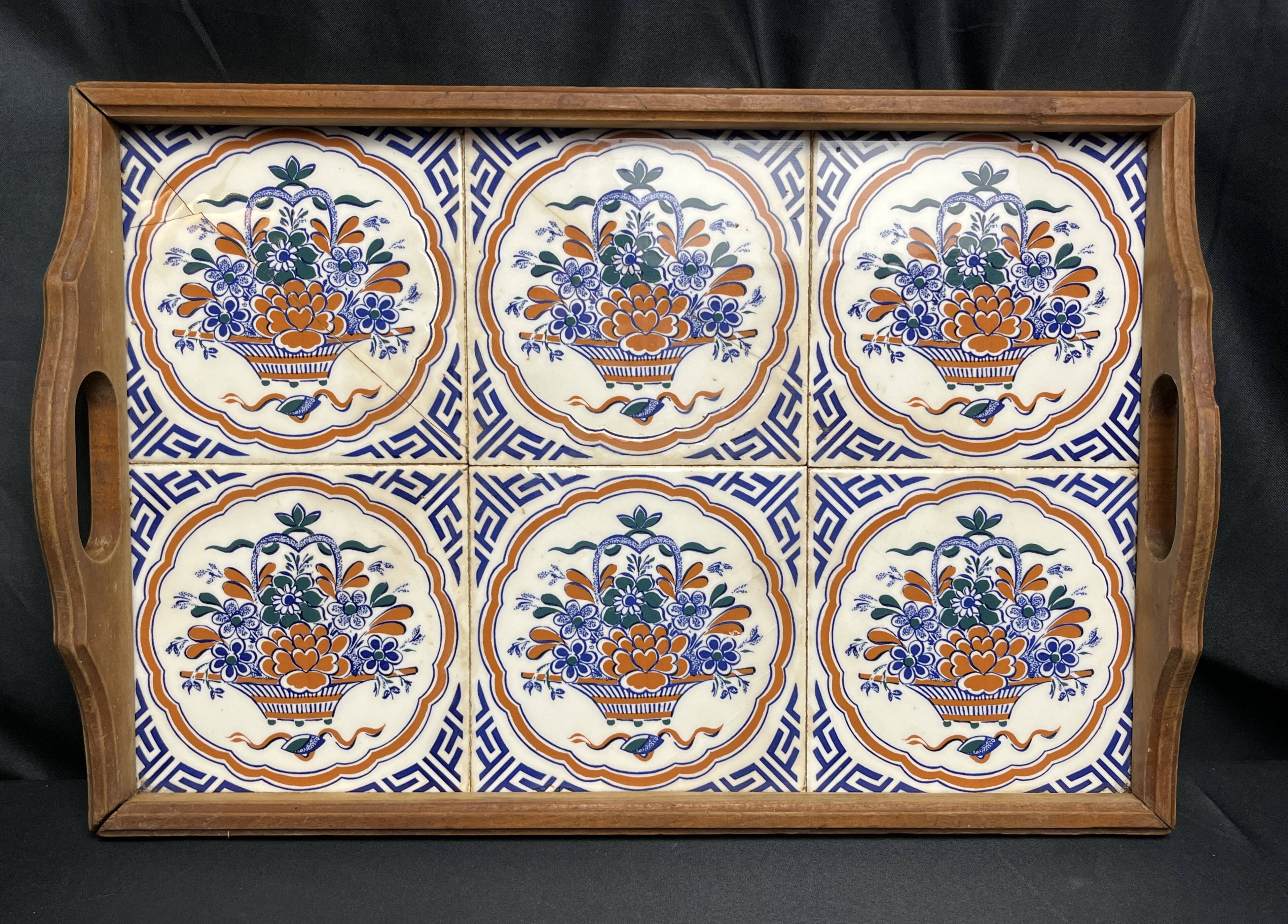 Art Deco, wooden tray and Gien earthenware tiles with basket decor circa 1940