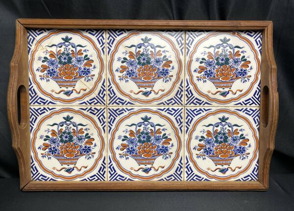 Art déco, plateau bois et carreaux faïence Gien décor panier vers 1940