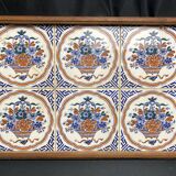 Art Deco, wooden tray and Gien earthenware tiles with basket decor circa 1940