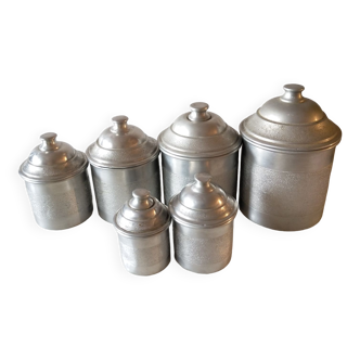 Set de 6 pots pour épicerie aluminium ancien