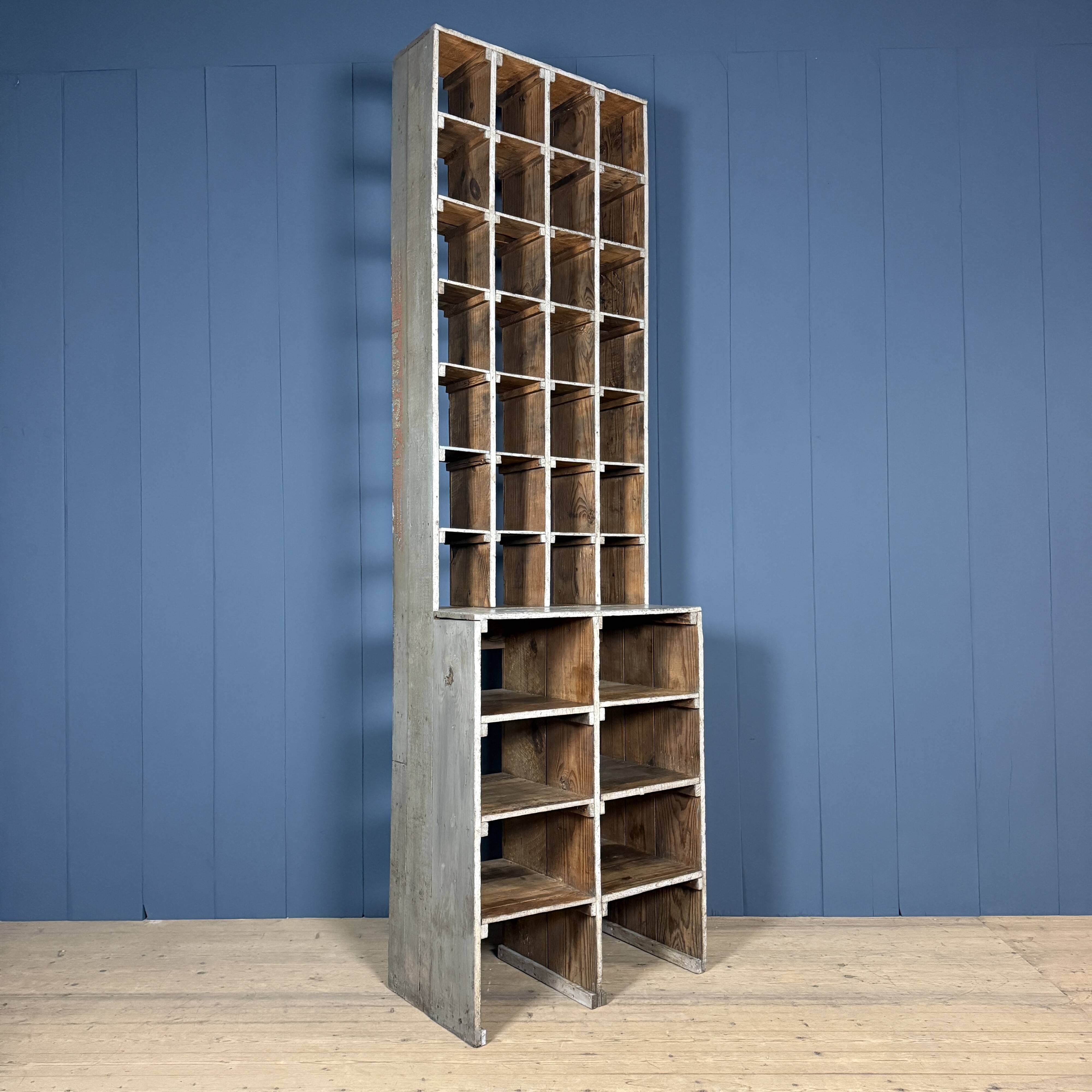 Large old industrial wooden workshop pigeonhole cabinet