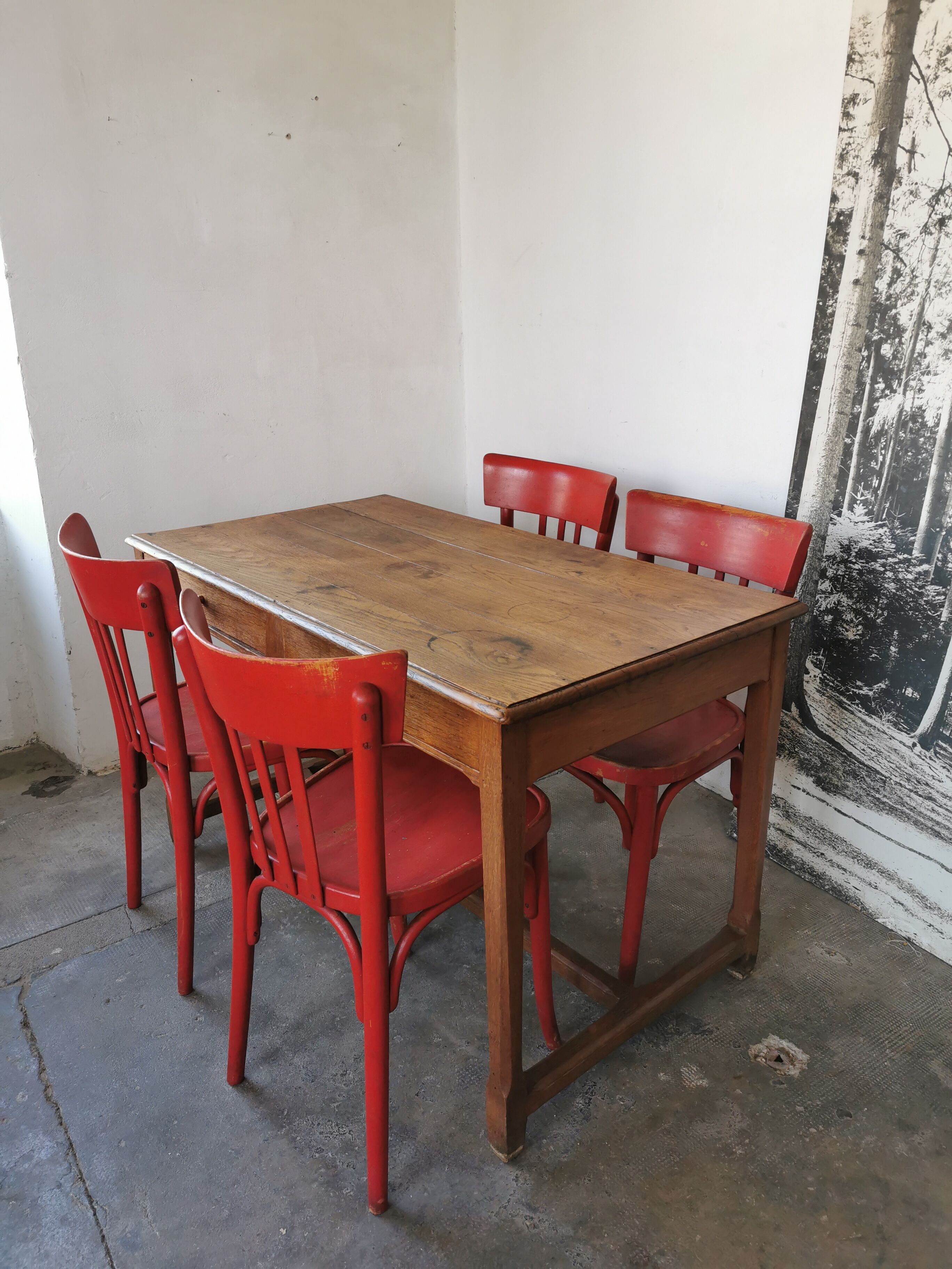 Table in raw oak, countryside.