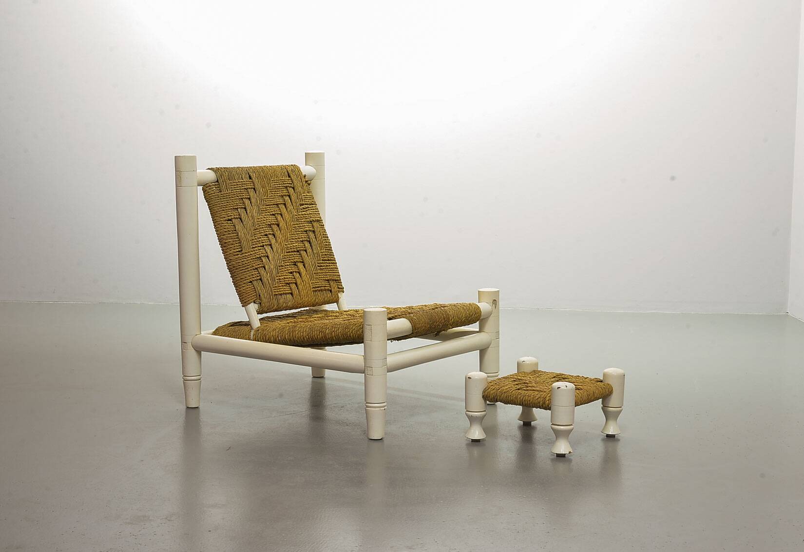 Charlotte Perriand Style Low Seat White Wicker Oak Lounge Chair and Stool