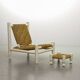 Charlotte Perriand Style Low Seat White Wicker Oak Lounge Chair and Stool