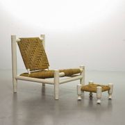 Charlotte Perriand Style Low Seat White Wicker Oak Lounge Chair and Stool