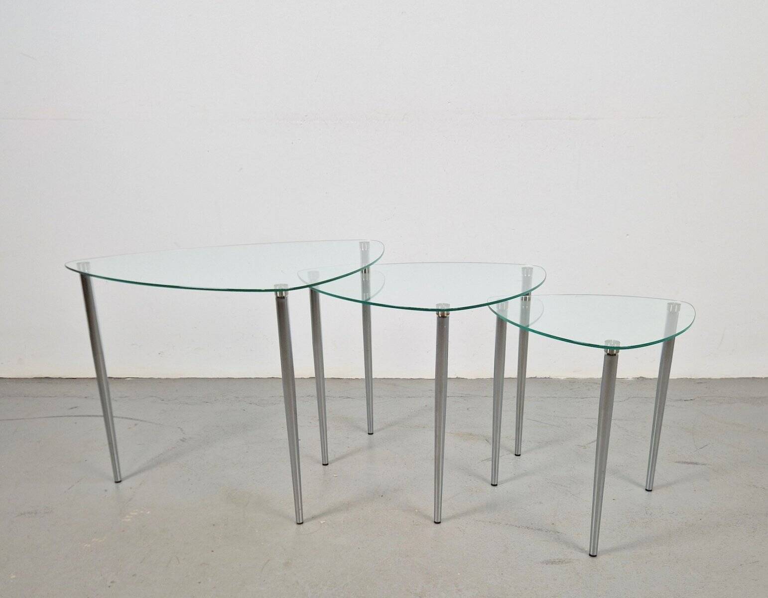 Triangular Nesting Tables in Glass and Metal, 1970s, Set of 3