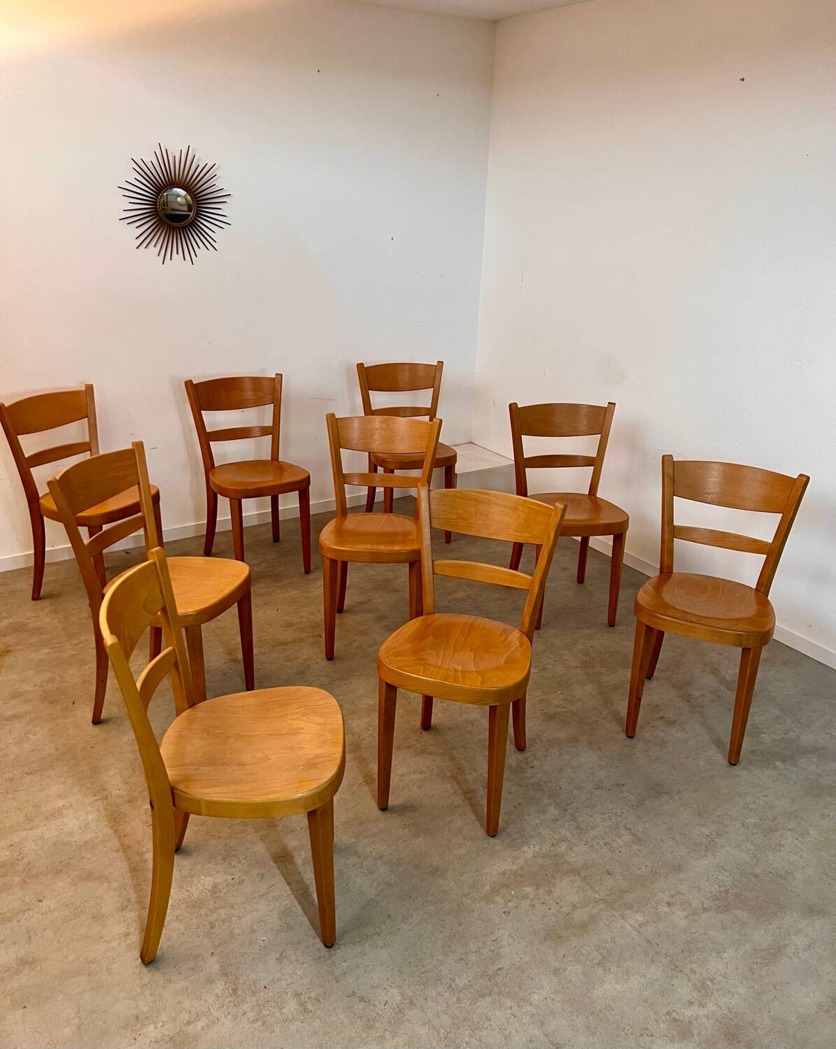 Set of 9 vintage wooden bistro chairs designed by Horgen Glarus