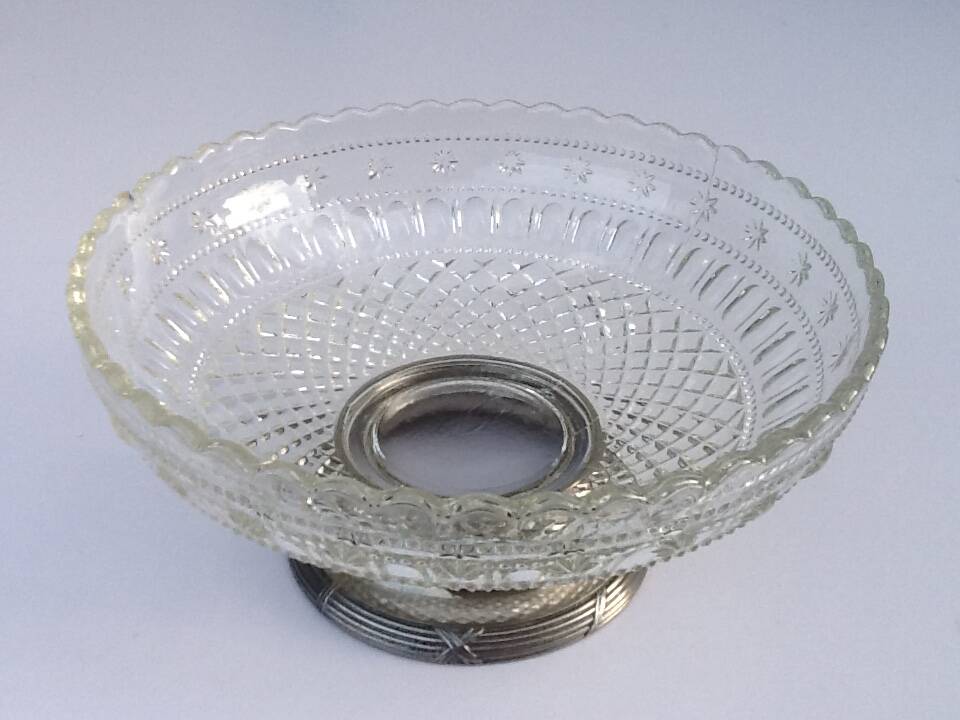 Glass and metal fruit bowl on pedestal, 1930s