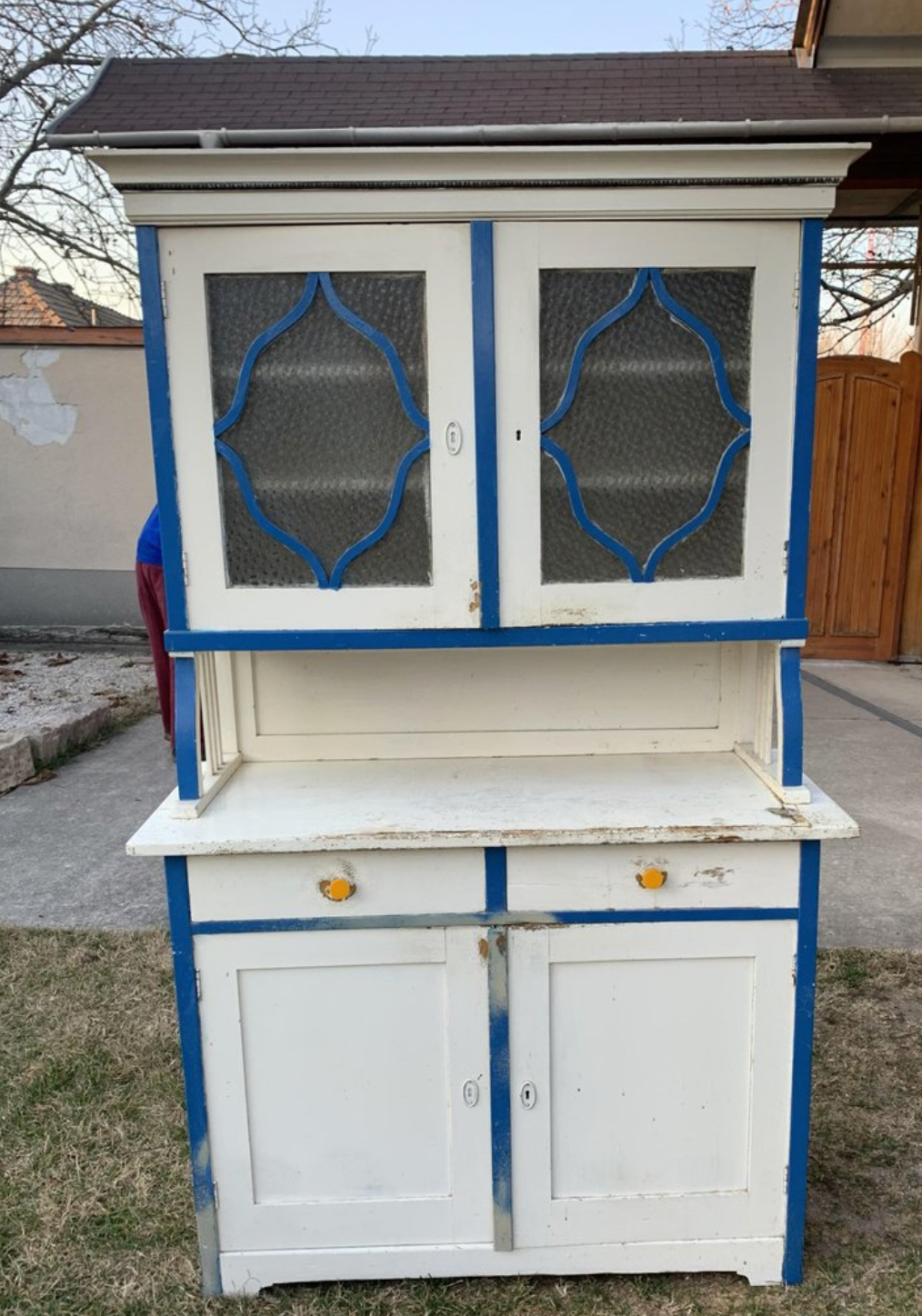 Vintage Glass & Painted Wood Kitchen Cupboard, 1930s