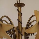 Vintage 5-light chandelier in metal with a bronze effect and flower-shaped lampshades, France.